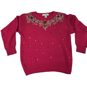 Vtg Brittany Leigh Sweater Womens Medium Red Embellished Ramie Holiday 90s